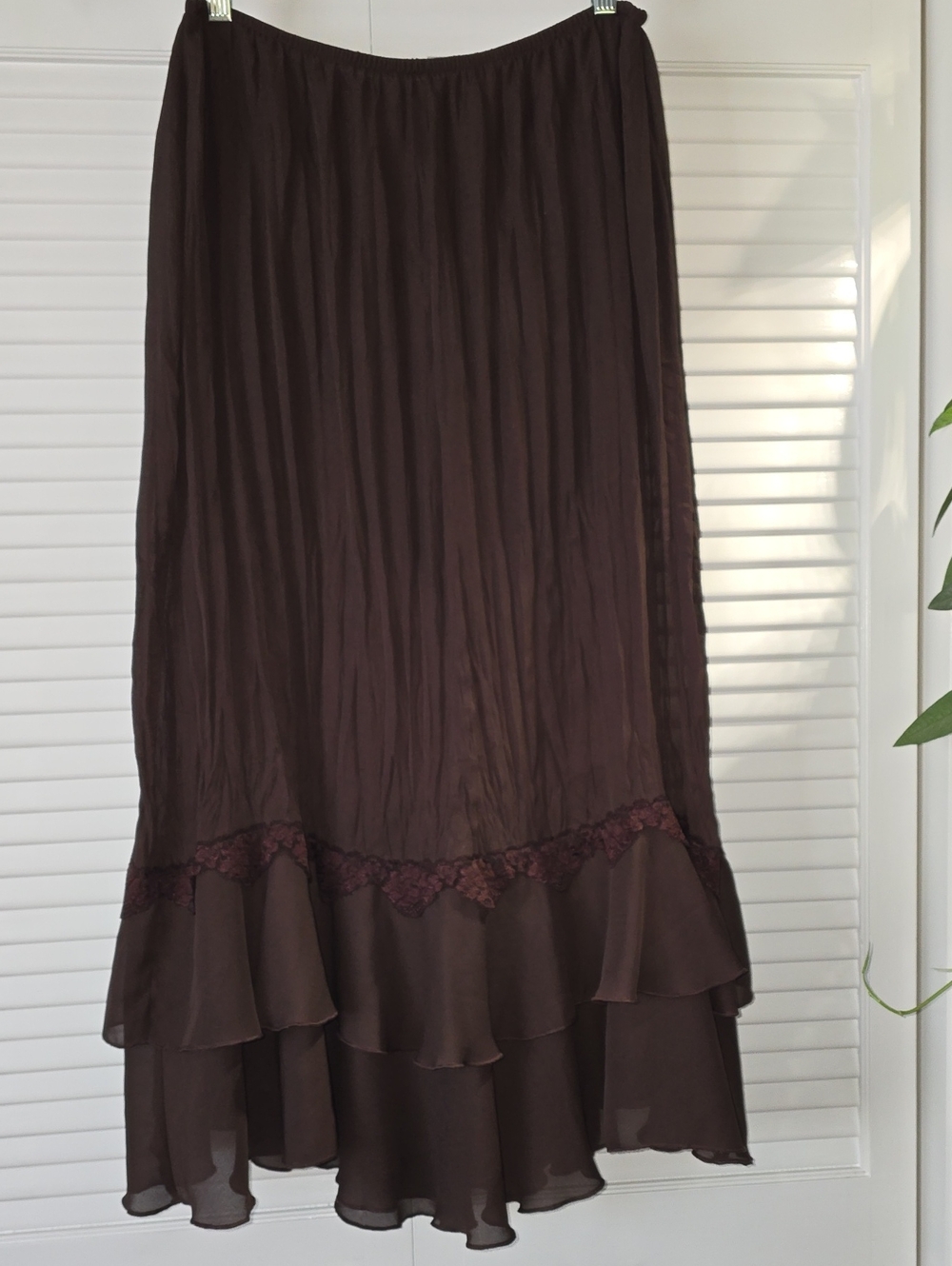 Robbie Bee Chocolate Brown Tiered Chiffon Skirt with Lace